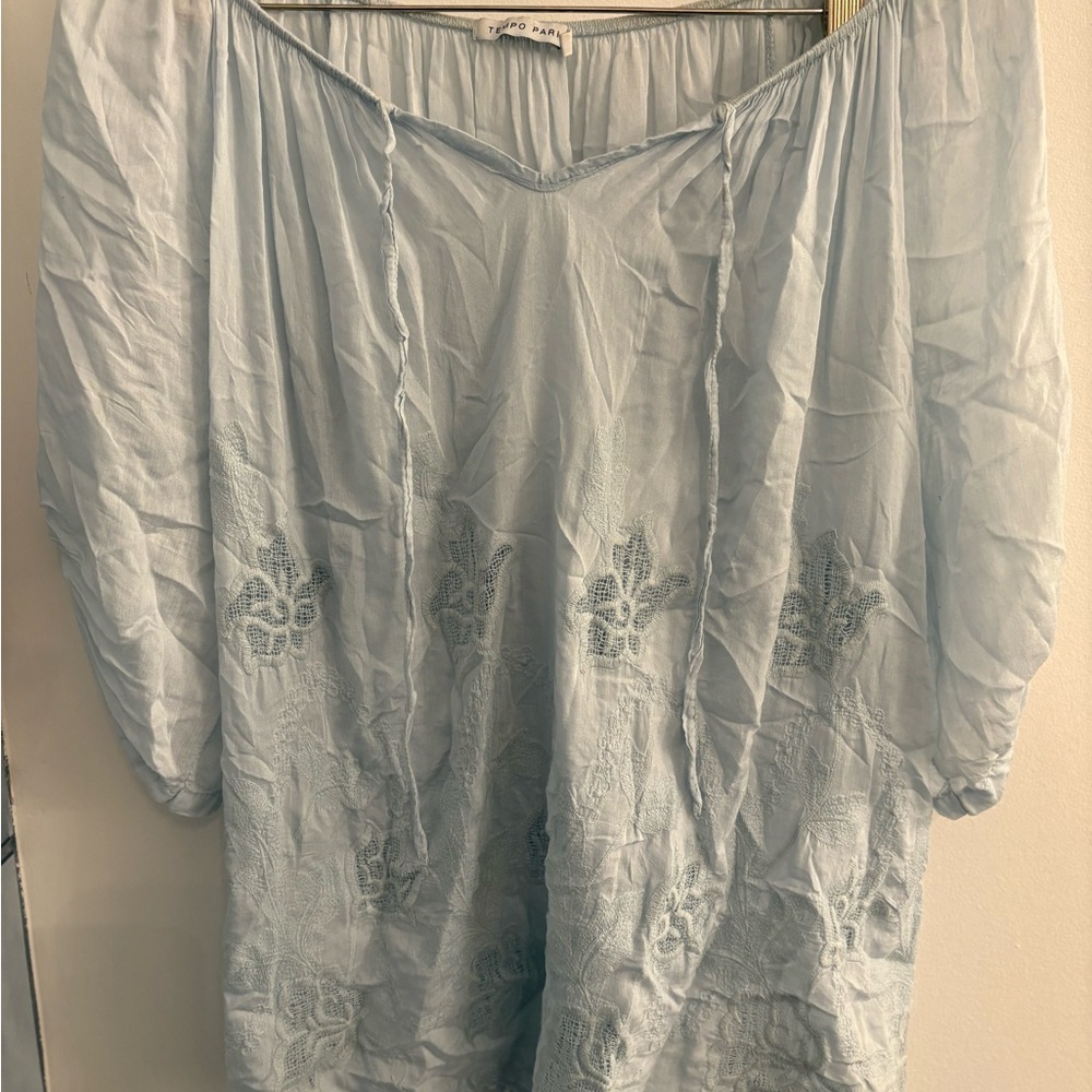 Tempo Paris Light Blue Embroidered Peasant Tunic